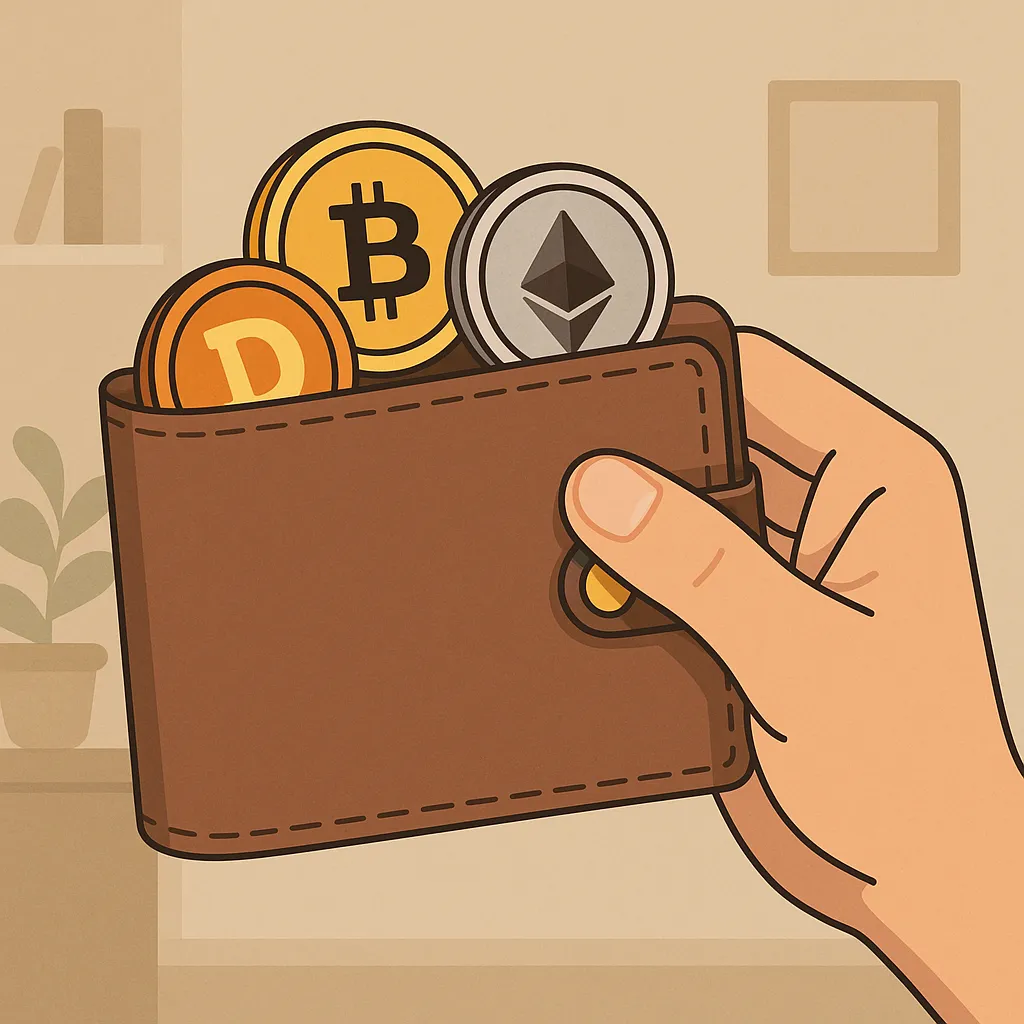 디지털-자산-지갑이-생활-속으로-들어오는-모습을-상징적으로-표현한-일러스트-이미지로-지갑에서-비트코인과-이더리움-등-가상화폐-코인이-나오는-장면