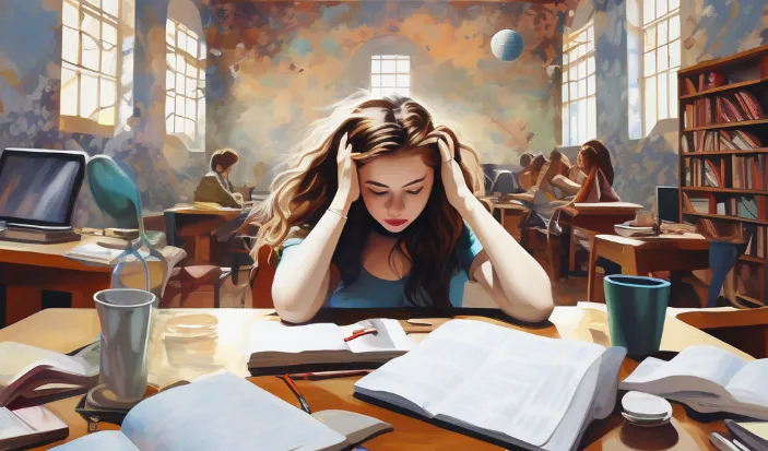시험 준비 중 불안을 겪는 학생. 책이 많은 도서관에서 시험 불안으로 머리를 감싸고 있는 모습. 누구나 겪을 수 있는 시험불안 상황을 표현한 그림.