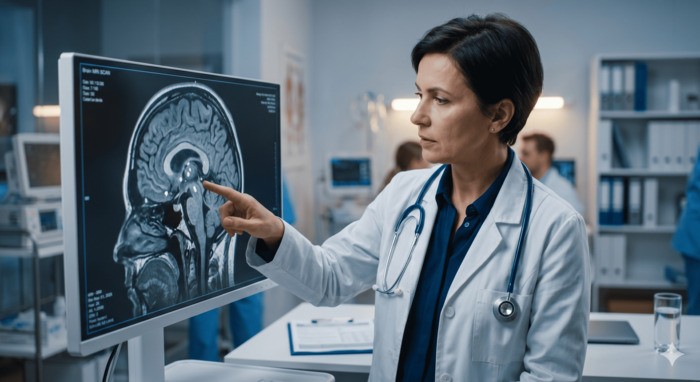 건강검진 뇌MRI 결과지에서 석회화 소견을 분석하는 2026년 최신 기준 뇌신경 전문의의 모습