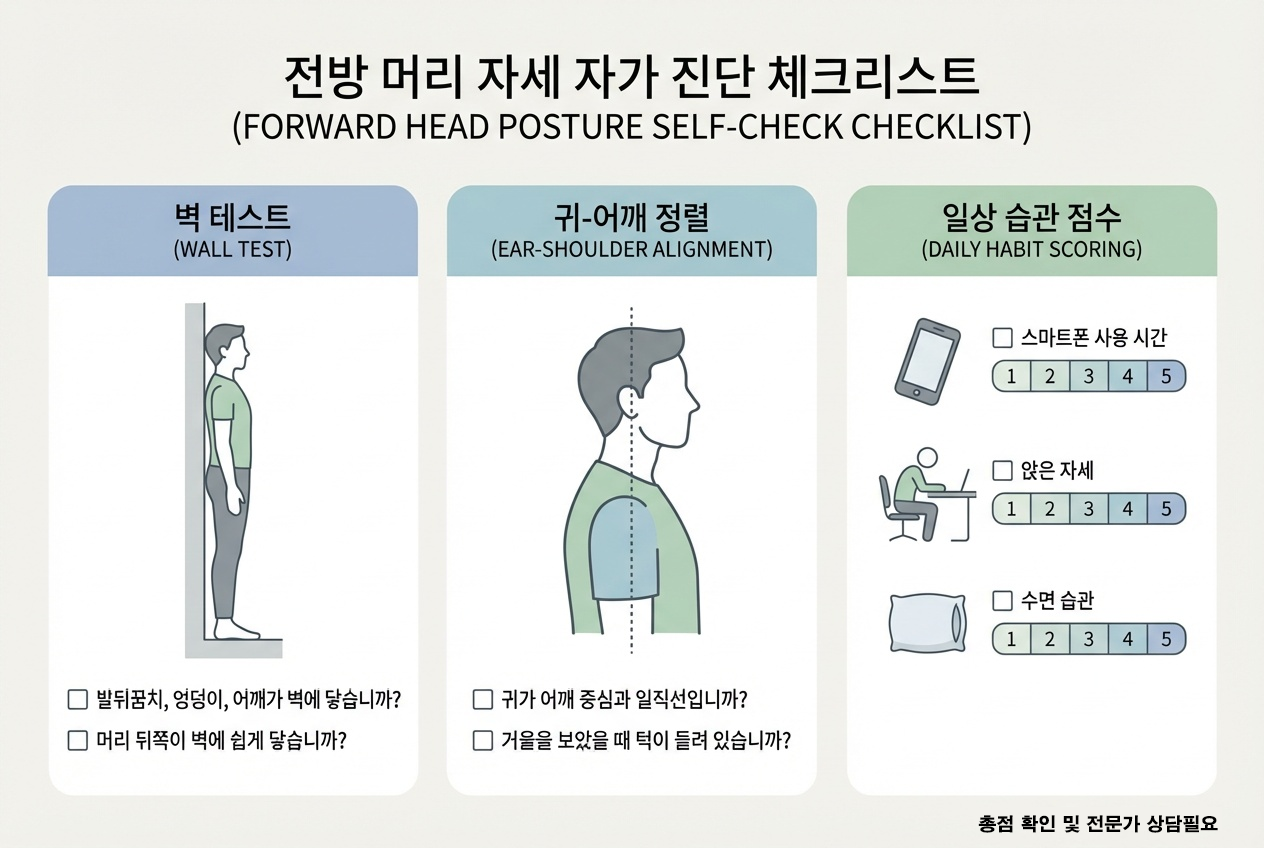 거북목·일자목 자가진단 체크리스트 인포그래픽(벽 테스트, 귀-어깨 정렬)