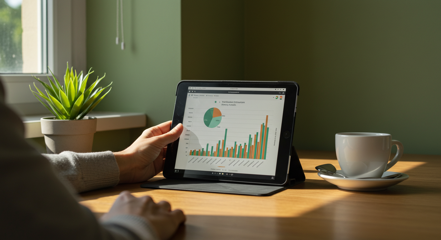 연금 안정성과 미래 희망을 상징하는 따뜻한 분위기의 데스크와 태블릿 화면