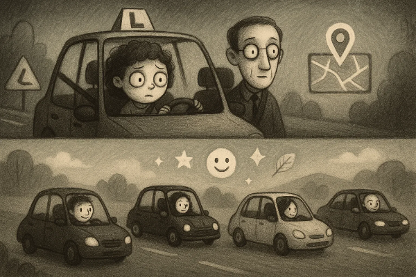 초반 긴장한 연습 운전 장면과 후반 자유롭게 주행하는 차량들을 대비시켜 성장과 변화 과정을 보여주는 팀 버튼풍 일러스트