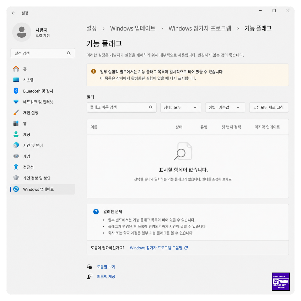 윈도우11 Experimental Feature Flags 기능 플래그 목록 비어있음 알려진 오류