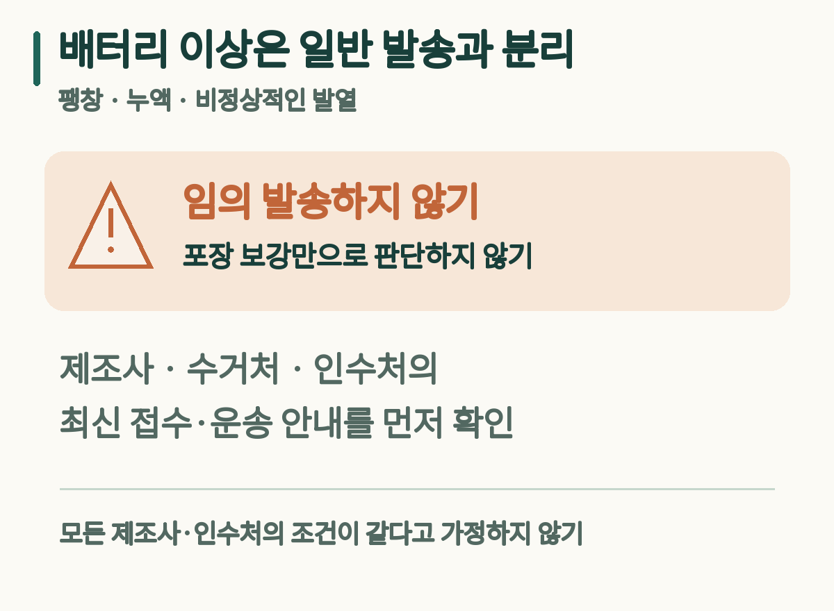 팽창&middot;누액&middot;비정상적인 발열이 있는 배터리는 임의 발송하지 않고 제조사와 인수처의 최신 안내를 먼저 확인하라는 주의 안내