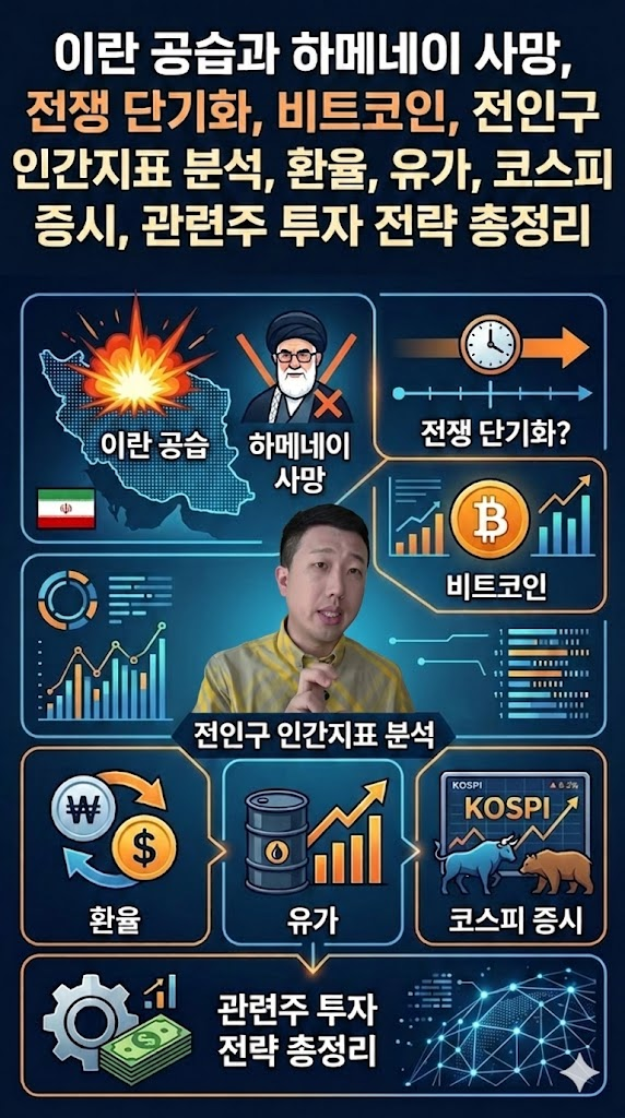 이란 공습과 하메네이 사망, 전쟁 단기화, 비트코인, 전인구 인간지표 분석, 환율, 유가, 코스피 증시, 관련주 투자 전략 총정리