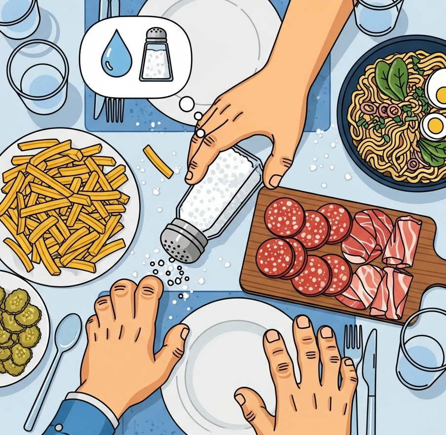 짠 음식과 손 붓기