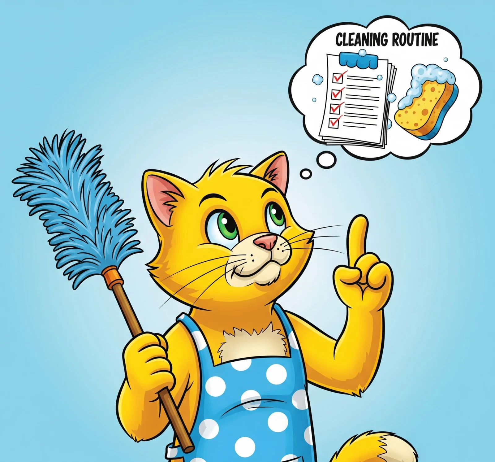 청소 루틴화를 고민하는 고양이 그림, Illustration of a cat contemplating a cleaning routine