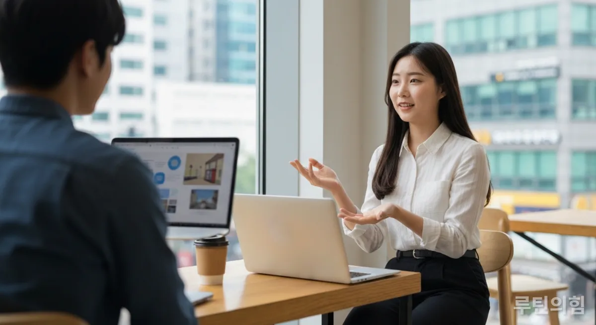 카페에서 노트북으로 화상 회의를 하는 한국 여성