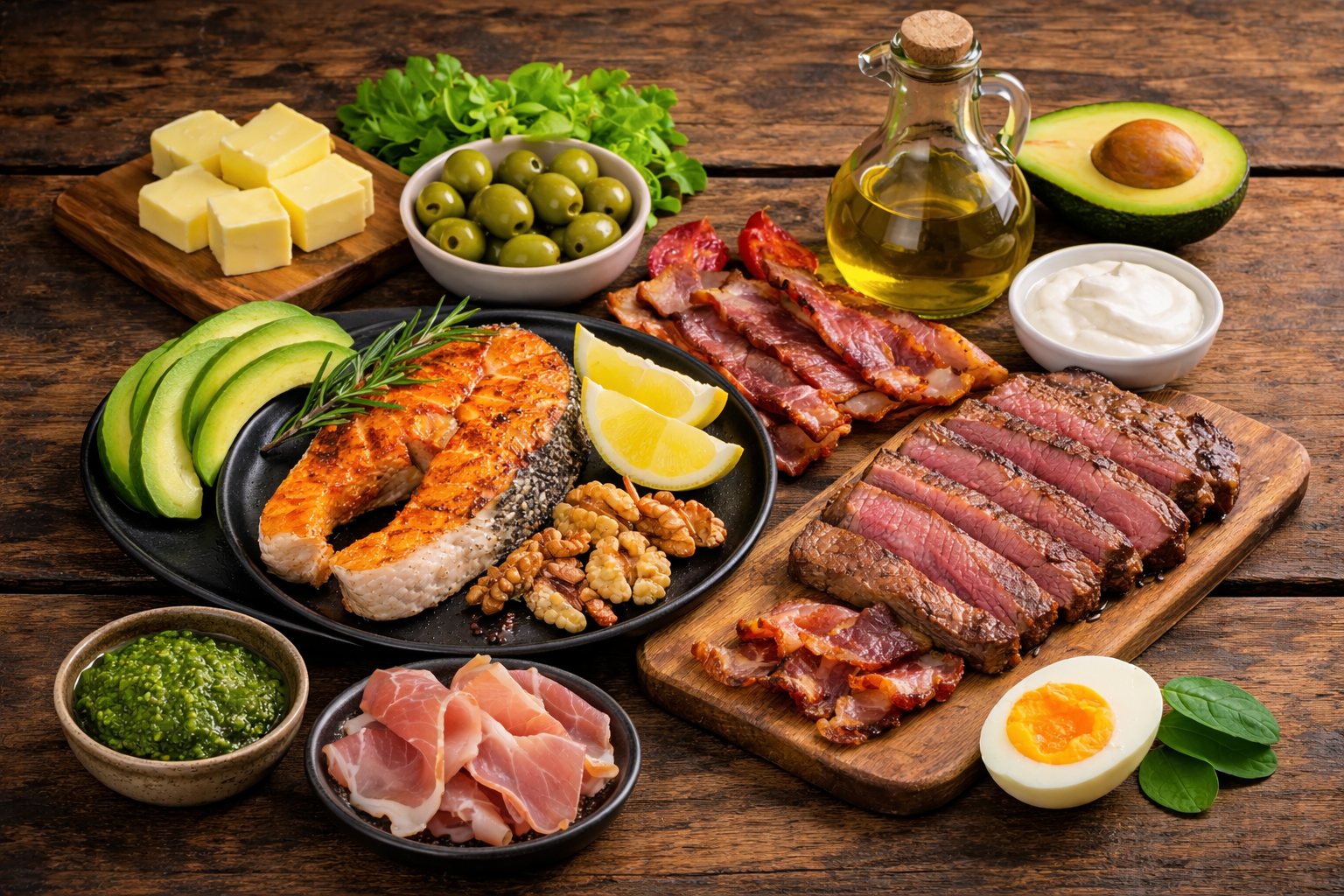 고지방&middot;저탄수화물 식단을 대표하는 연어 스테이크와 소고기, 아보카도, 올리브오일, 버터, 견과류가 깔끔하게 구성된 식단 이미지