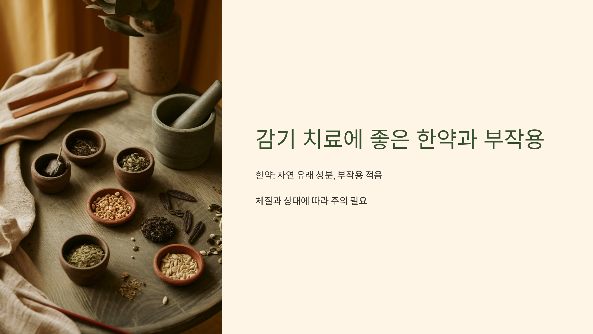 감기 치료에 좋은 한약과 부작용 이라 적힌 글과 동그란 원목 테이블위에 놓인 한약재료가 있는 이미지