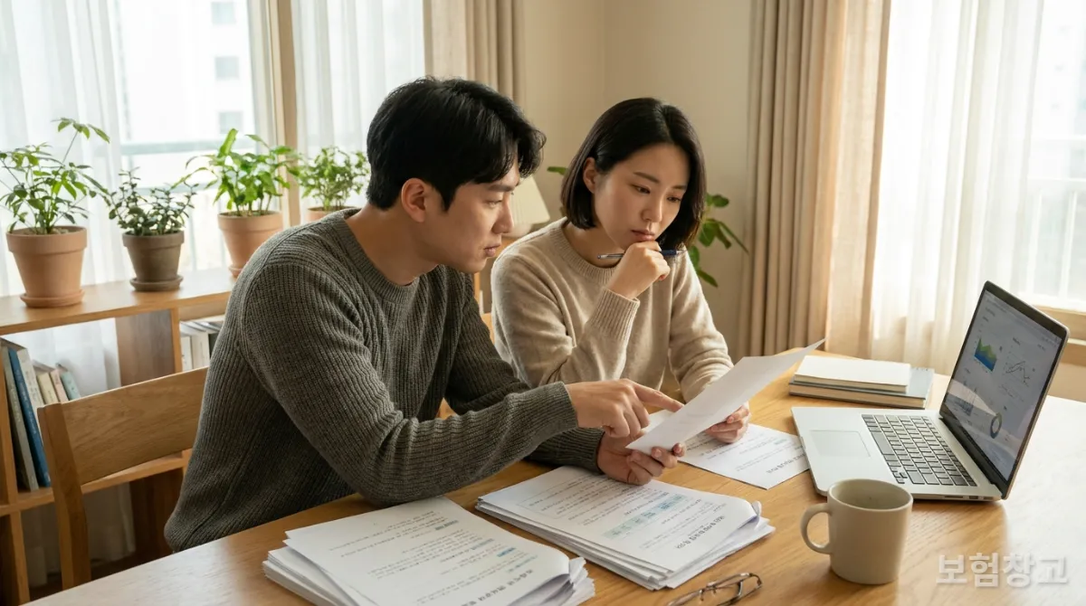 건강보험 서류를 검토하며 미래를 계획하는 한국인 부부