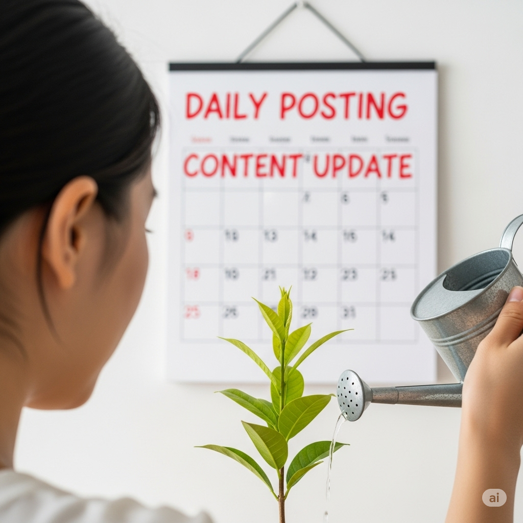 꾸준히 성장하는 식물에 물을 주는 사람이 일일 포스팅과 콘텐츠 업데이트가 표시된 달력을 배경으로 하고 있는 모습. (블로그 성장, 꾸준한 포스팅)