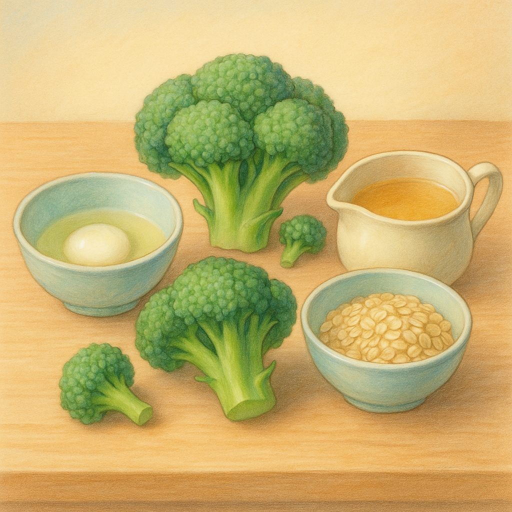 강아지 브로콜리 머핀 레시피의 재료들이 건강 의식을 위한 귀한 제물처럼 배열된 파스텔톤 일러스트