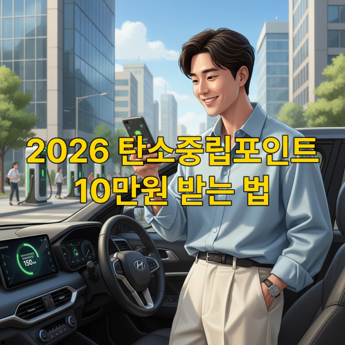 2026년 자동차 탄소중립포인트 신청을 확인하는 현대 한국인 운전자, 환경 보호와 경제적 혜택을 상징.