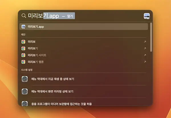 스포트라이트로 미리보기 앱을 실행하는 모습