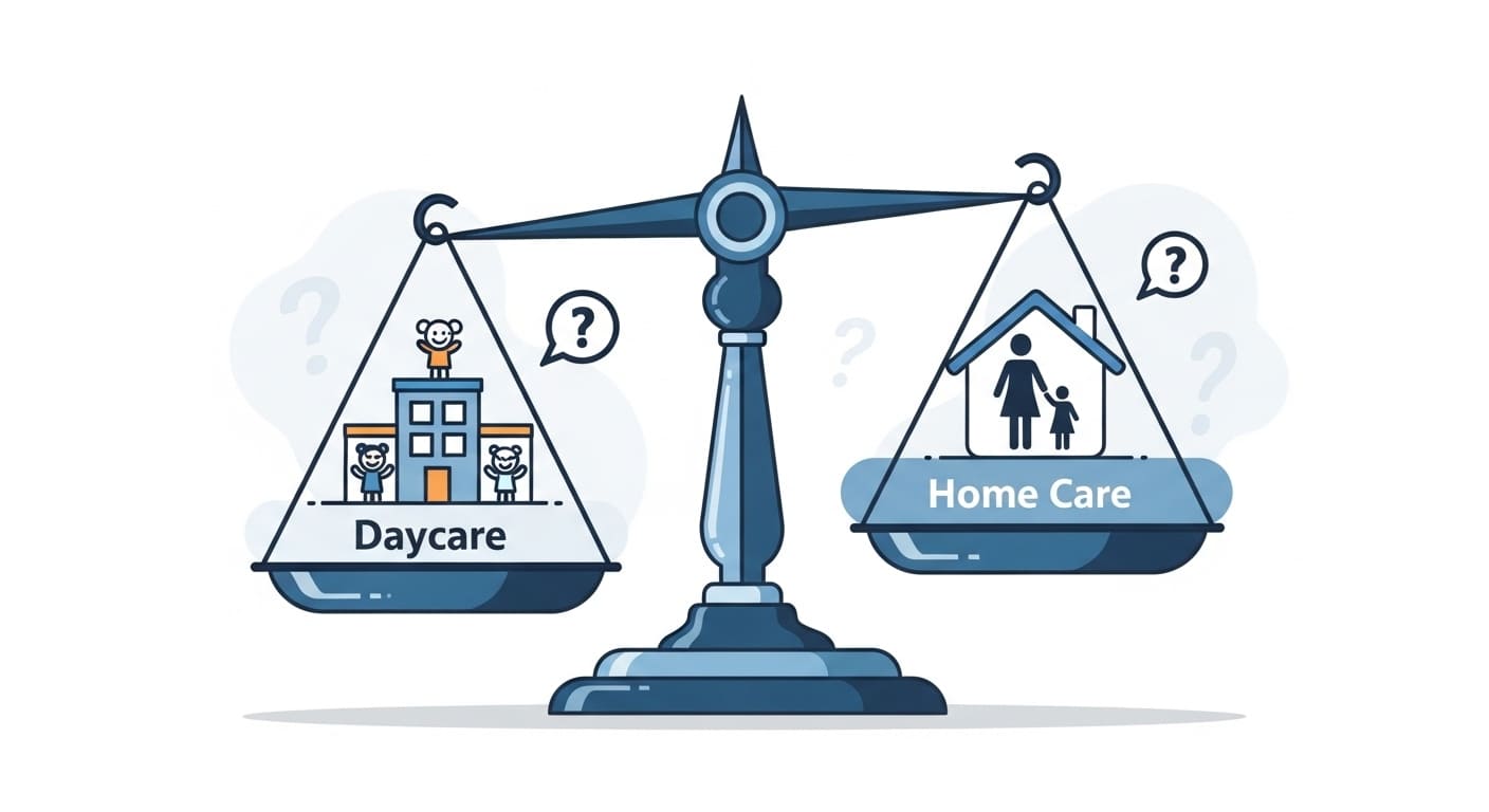 어린이집과 가정 보육의 장단점을 저울질하며 고민하는 부모의 현명한 선택 과정을 시각화한 이미지.