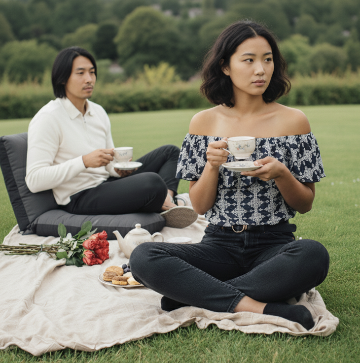 앞쪽에는 여자 뒤에는 남자가 있다 둘다 찻잔을 들고 있다.