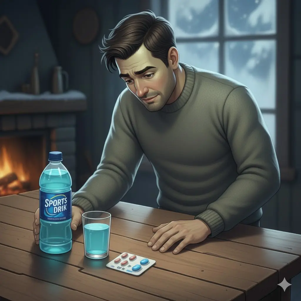 탈진을 막기 위해 이온음료를 마시는 모습과 약 봉투 이미지