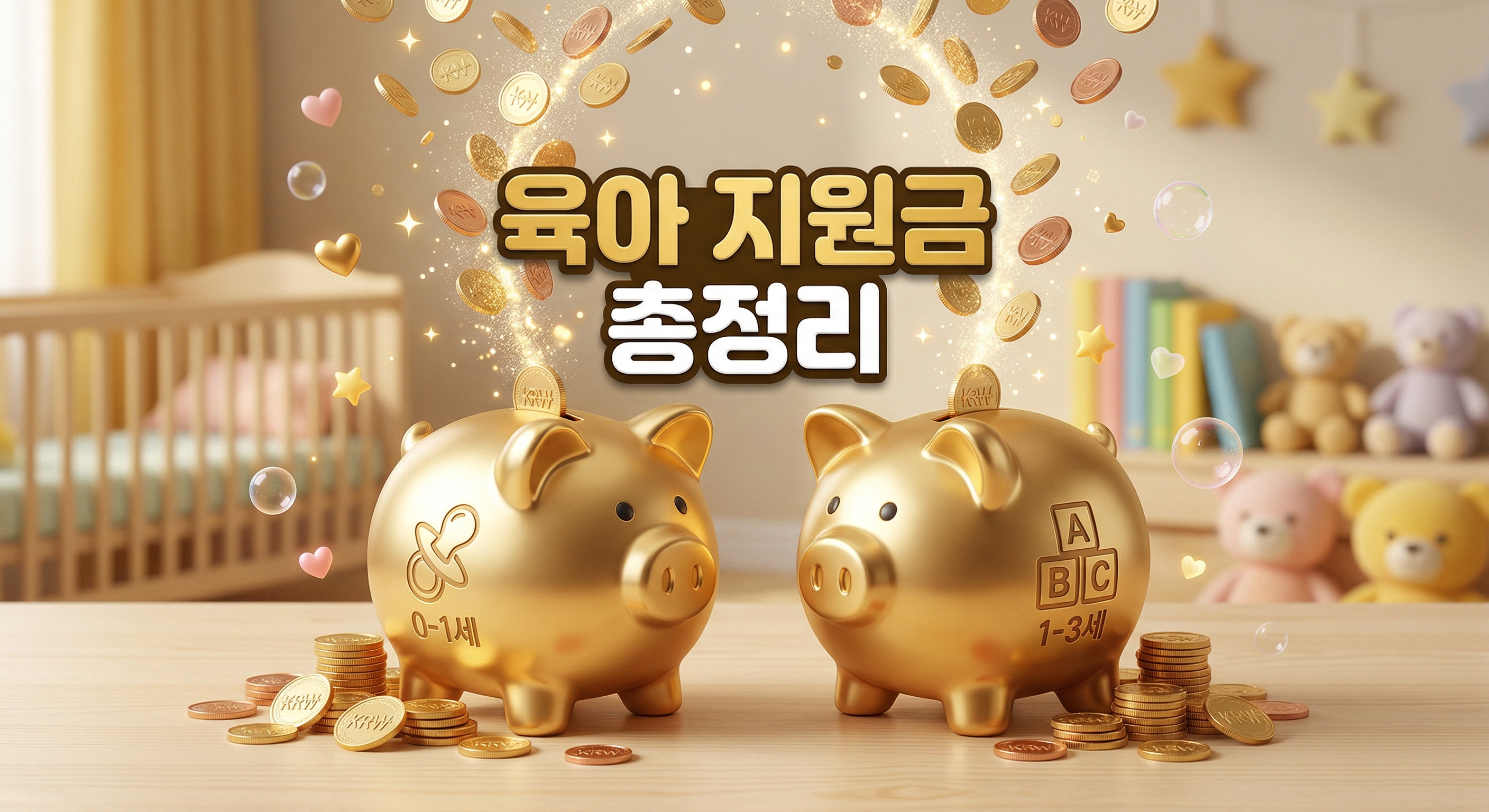 아기 젖꼭지와 어린이 장난감 기호가 각각 그려진 두 개의 반짝이는 황금색 돼지저금통 안으로 동전이 떨어지는 3D 일러스트 배경에, 짙은 그림자와 외곽선으로 선명하게 강조된 '육아 지원금 총정리'라는 한글 문구가 중앙에 적힌 이미지