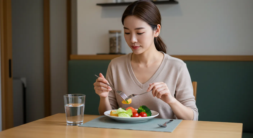 집에서 건강식을 먹고있는 여성 이미지