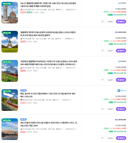 스위스 패키지 여행 가격비교