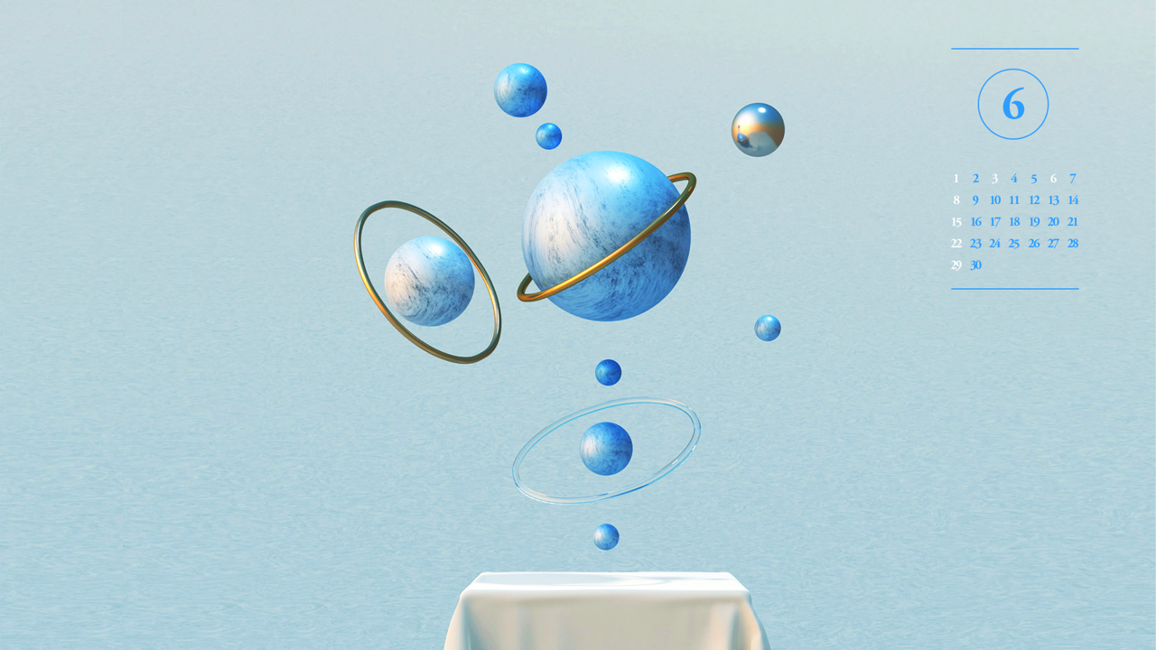 13 파란색 구와 황금 링 A - 2025년6월 노트북배경화면