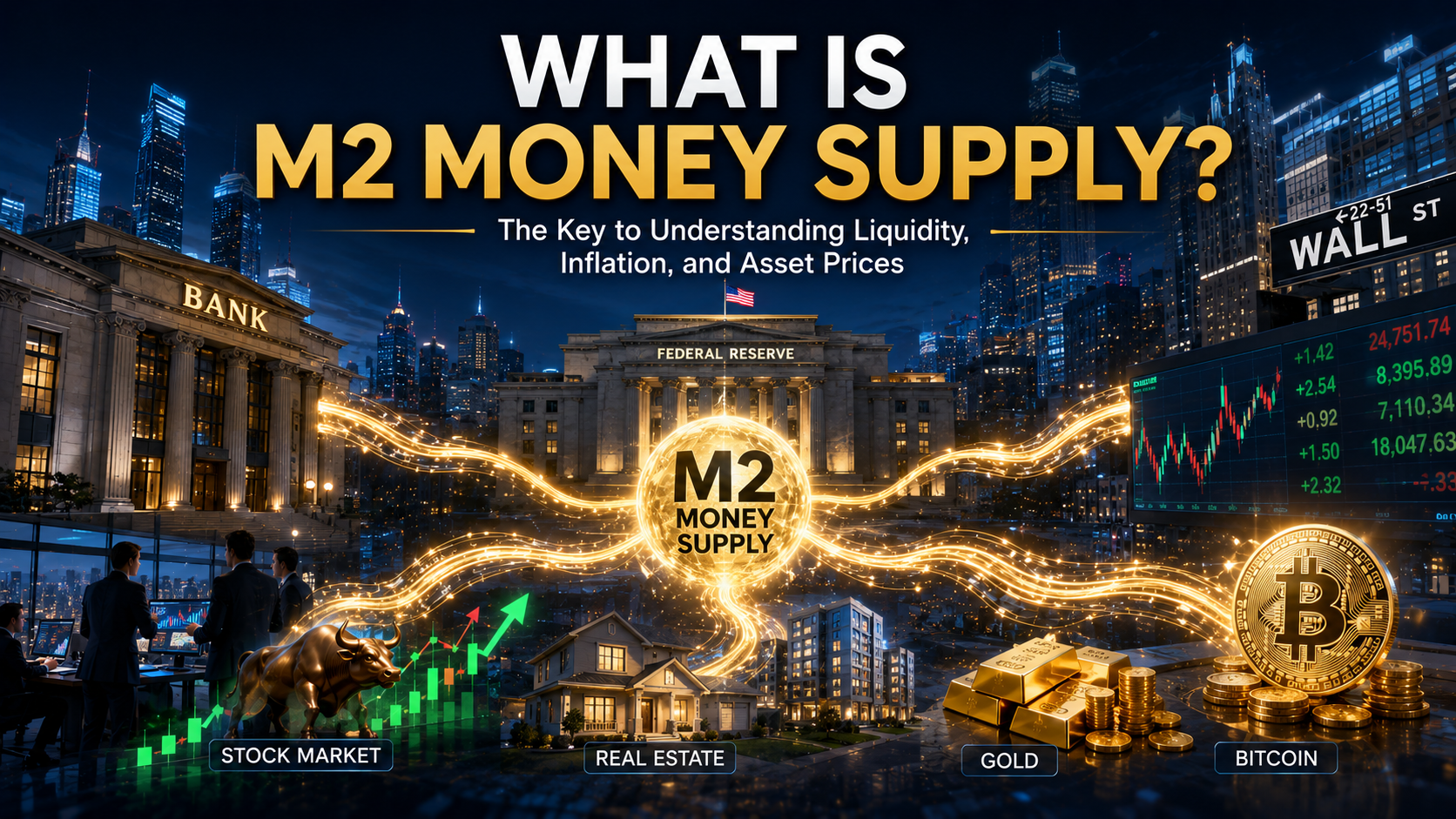 M2 money supply flowing into stocks, real estate, gold, and bitcoin through expanding market liquidity