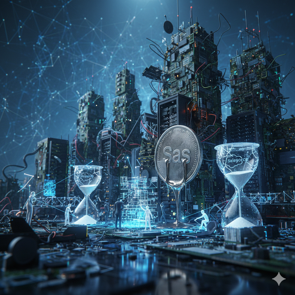 복잡한 회로 기판 위에 세워진 거대한 서버 빌딩 숲과 녹아내리는 듯한 은색 SaaS 코인이 중앙에 배치된 초현실적 이미지에요. 양옆에는 Salesforce 로고가 새겨진 모래시계들이 배치되어 기존 거대 SaaS 기업의 위기를 상징하며, 빌딩 사이사이를 연결하는 푸른색 빛줄기들이 AI 에이전트의 연결망을 시각적으로 표현하고 있어요.
