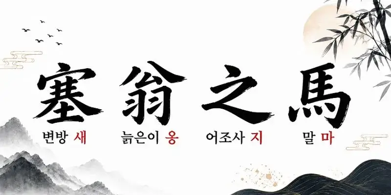 새옹지마(塞翁之馬) 한자와 변방 새, 늙은이 옹, 어조사 지, 말 마의 뜻을 전통 수묵화 스타일로 표현한 이미지