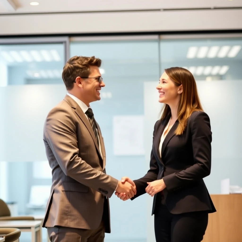 악수하고 있는 정장을 입은 남자와 여자의 모습