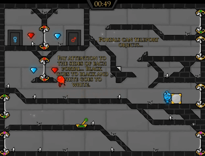 불과-물-2인용-게임하기-4-크리스탈템플-플레이-소년이-점프하여-빨간색-보석을-획득하는-화면