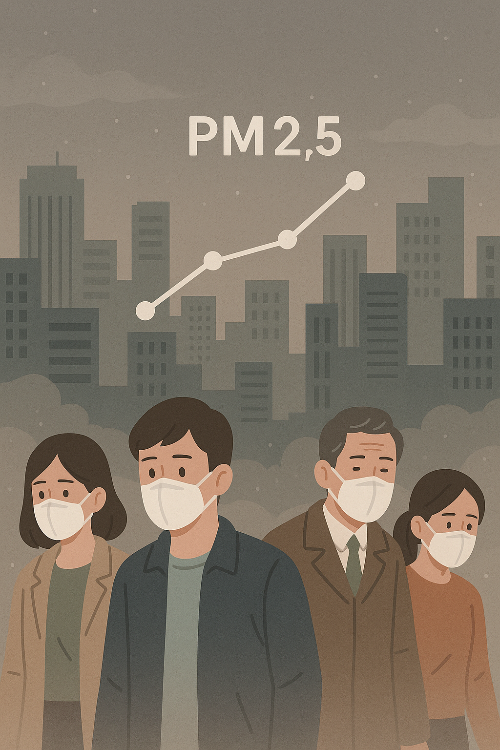 도심의 뿌연 하늘 아래 마스크를 쓴 시민들이 걷고 있는 디지털 일러스트