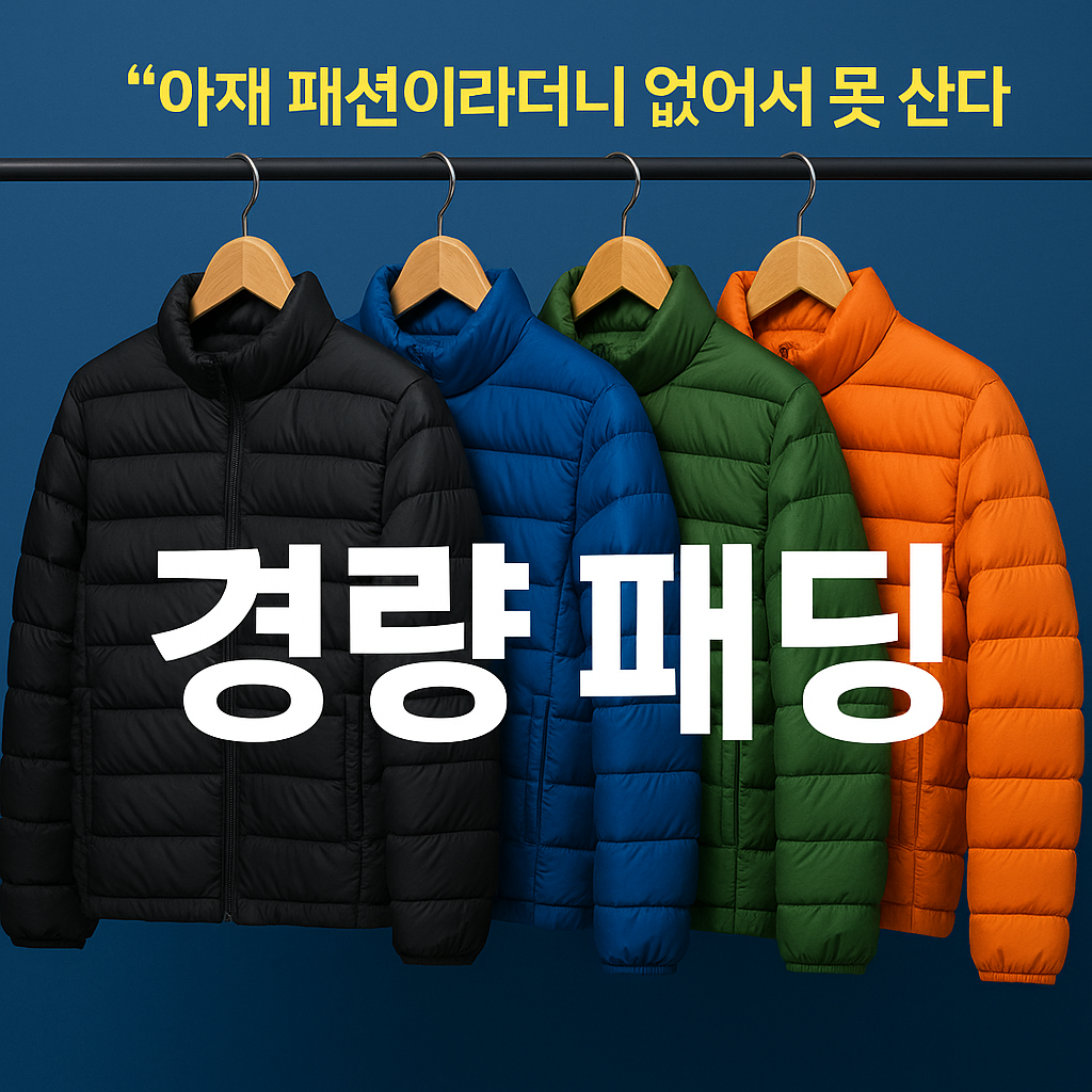 “다양한 색상과 디자인의 인기 경량 패딩이 트렌디하게 진열된 모습, MZ세대 패션 트렌드를 상징하는 그래픽” -->