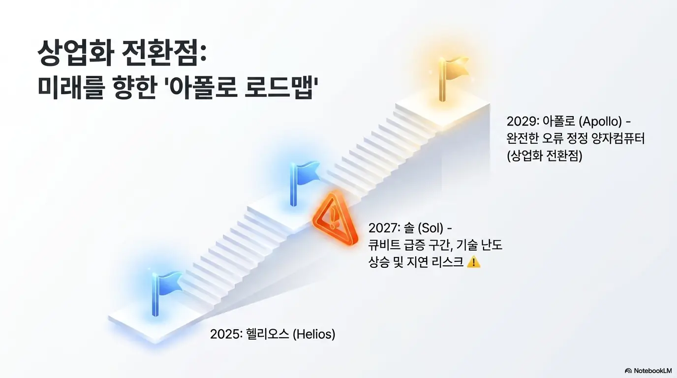 퀀티넘 상장: 퀀티넘의 상업화 전환점을 향한 기술 로드맵을 계단으로 표현한 이미지. 2025년 헬리오스에서 2027년 솔의 큐비트 급증 구간을 거쳐 2029년 아폴로의 완전 오류정정 양자컴퓨터로 이어지는 일정과 지연 리스크를 보여줌