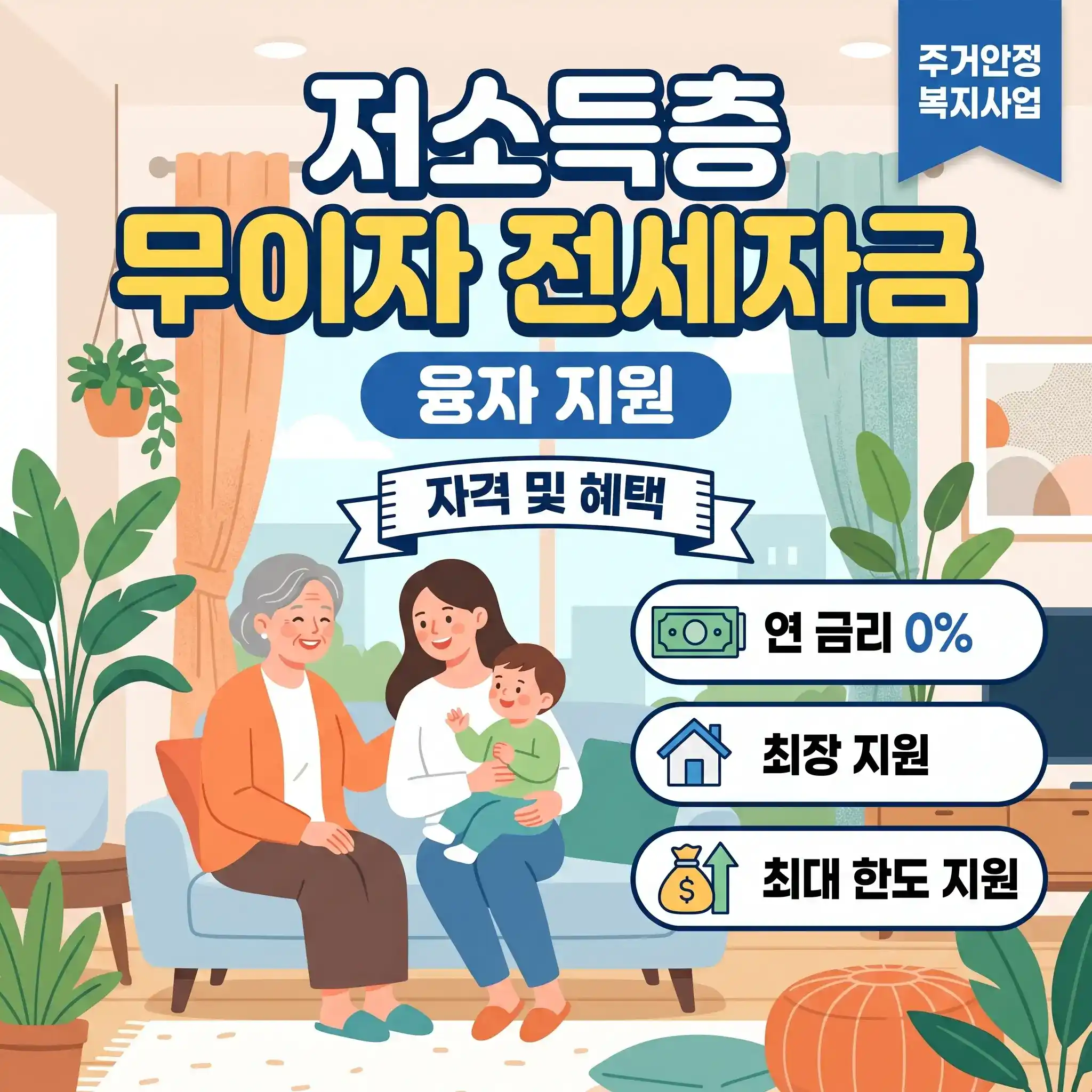 저소득층 무이자 전세자금 융자 지원 자격 및 혜택 안내를 위한 블로그 썸네일 이미지. 아늑한 거실 소파에 앉아 있는 가족 일러스트와 함께 연 금리 0%, 최장 지원, 최대 한도 지원 등 주거 안정 복지 사업의 핵심 요약 정보가 텍스트로 포함되어 있습니다.
