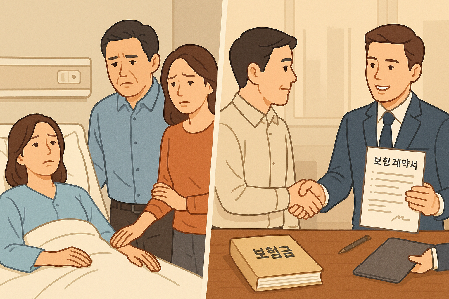 가족이 함께 있는 병실과 보험 상담 장면