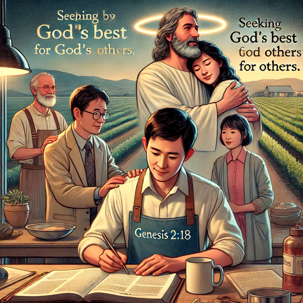 Here is the depiction inspired by Genesis 2:18, showing a man helping his family and colleagues, symbolizing his role as a supporter in seeking God's best for others. The scene reflects the love and care he provides, guided by God's love and desire for blessings in their lives.