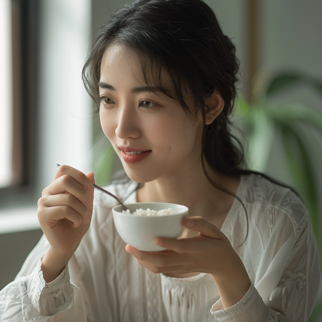 흰죽을 먹는 여성, 실사형 이미지