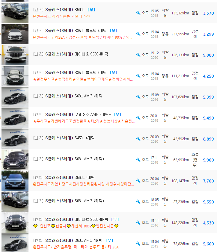 벤츠 S클래스 W222 등급 중고차 가격 : 2,299만원 ~ 16,540만원
