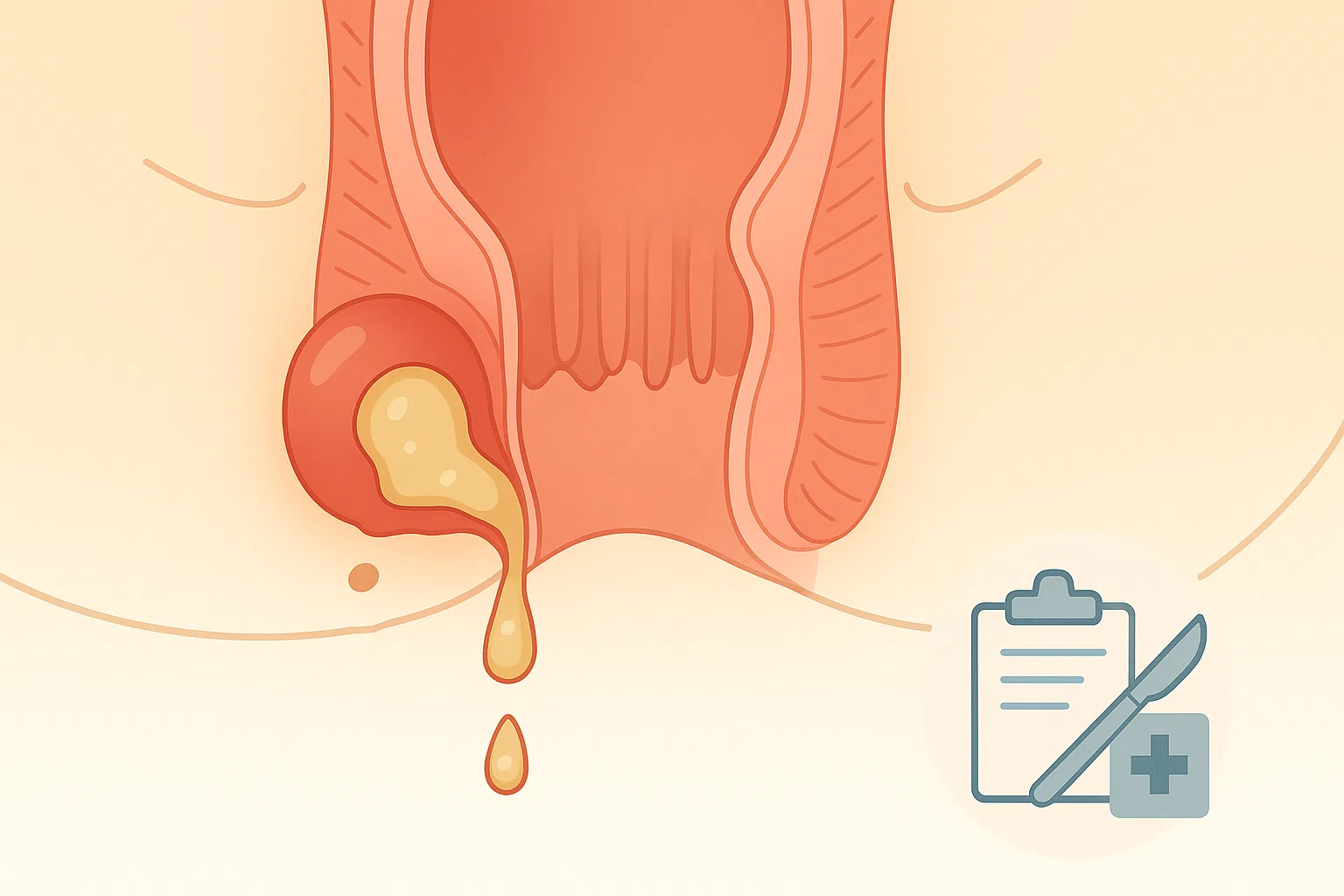 항문선 감염으로 고름이 차고, 피부와 연결된 비정상 통로(누공)가 형성된 단면