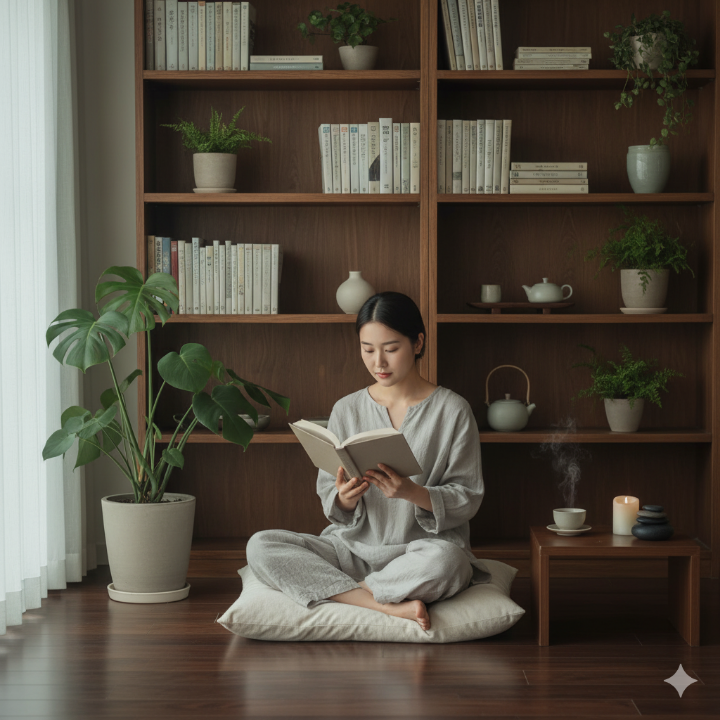 차분한 분위기에서 책을 읽고 있는 모습
