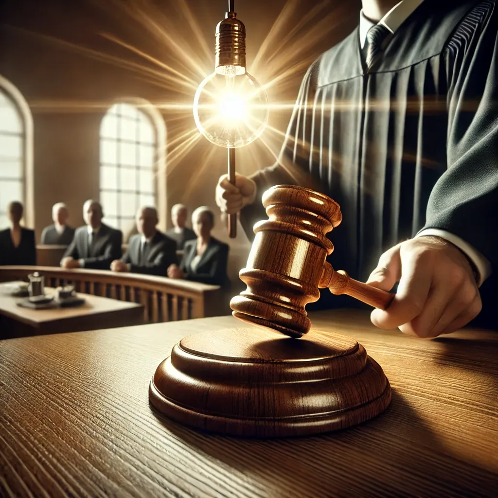 법정에서 판사가 망치를 들고 있는 모습. 빛 밝기 관련 소송을 상징