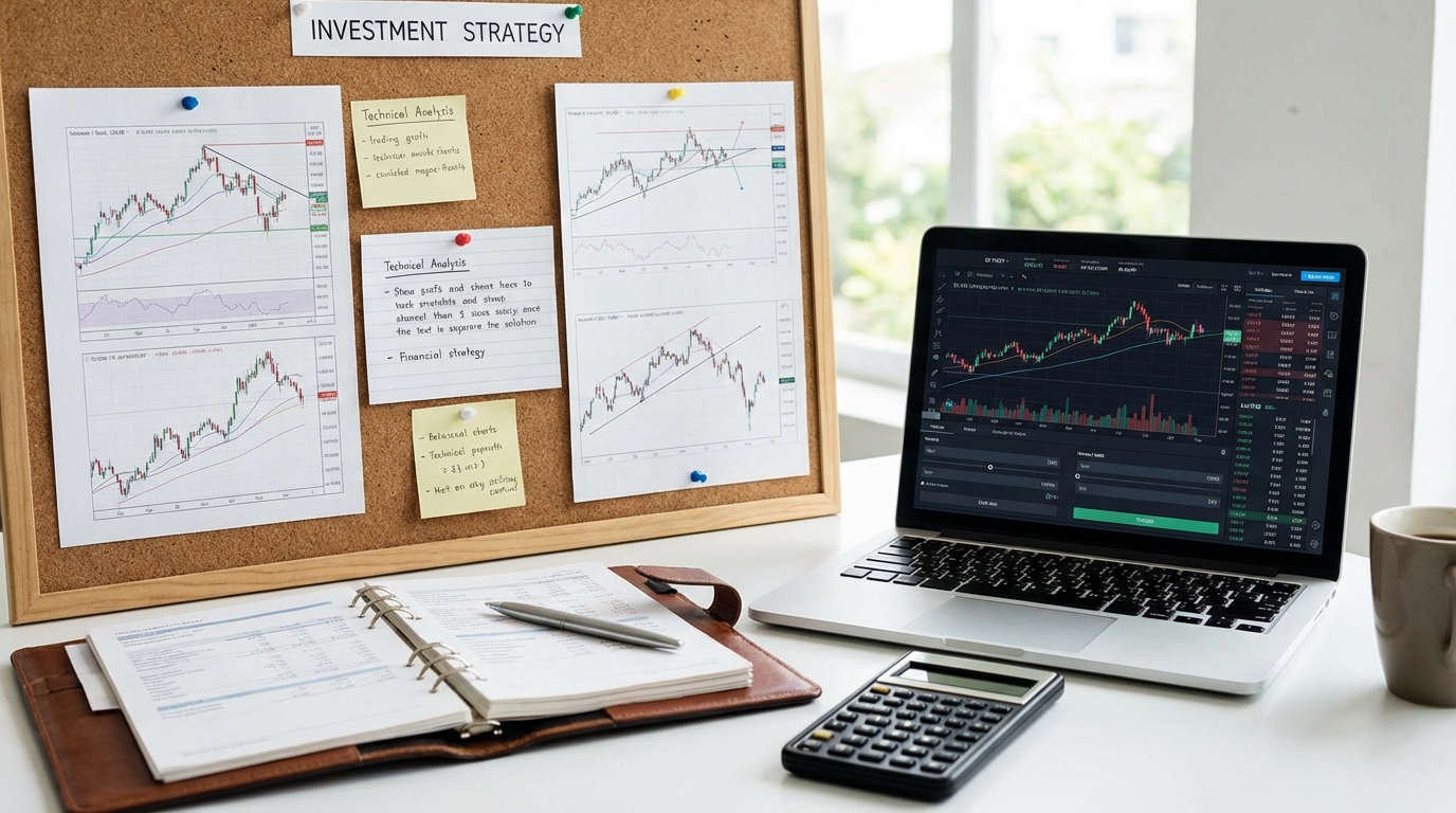 ビットコイン投資の戦略ボード、チャート分析、テクニカル指標、トレーディング画面