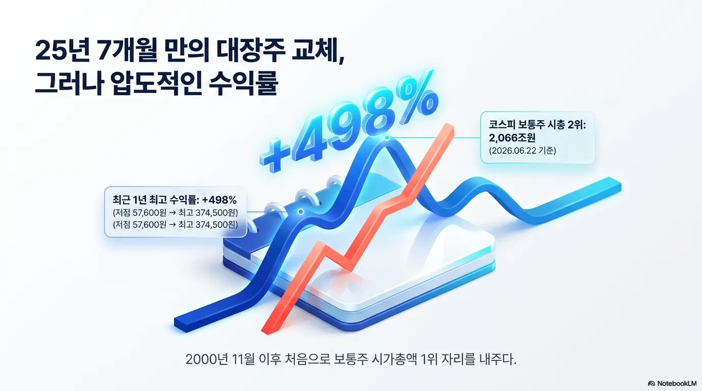 삼성전자 주가가 최근 1년간 저점 57&amp;#44;600원에서 최고 374&amp;#44;500원까지 약 498% 오른 흐름을 보여주는 그래프 이미지. 2026년 6월 22일 코스피 보통주 시총 2&amp;#44;066조원으로 2위에 내려앉으며 2000년 11월 이후 처음으로 1위 자리를 내준 상황을 시각적으로 전달하며&amp;#44; 삼성전자 주가 전망과 시총 1위 교체 주제를 설명함