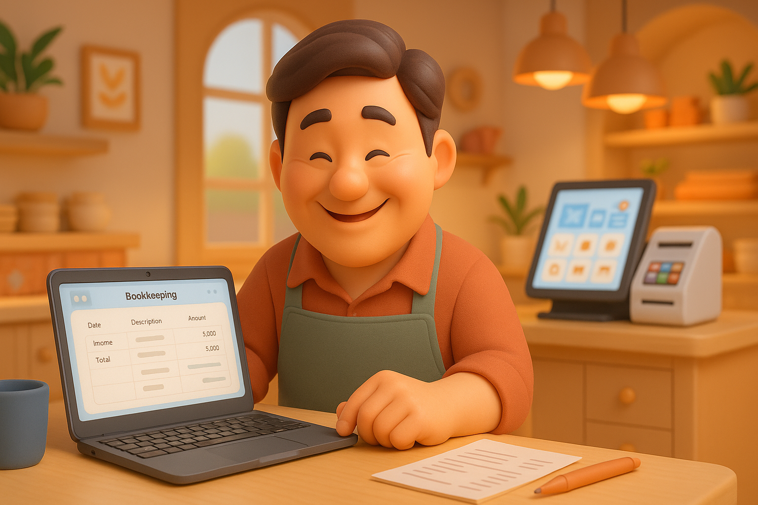 노트북 앞에서 서류를 보며 안도의 한숨을 쉬며 미소 짓는 자영업 사장님의 모습.