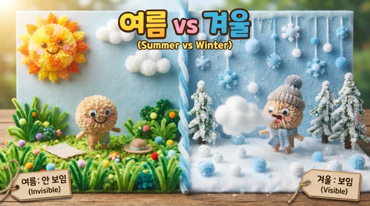 알록달록한 폼폼 인형이 여름에는 입김 없이 웃고, 겨울에는 하얗게 큰 입김을 내뱉는 좌우 분할 비교 일러스트. 따뜻한 노란색 여름 풍경과 차가운 파란색 겨울 풍경이 대비되는 키즈 크래프트 스타일