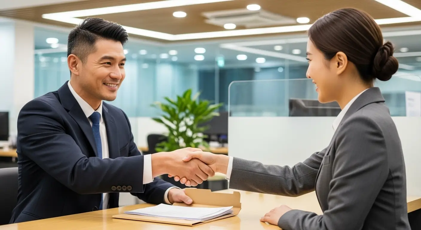 한 한국인 개인 사업자가 은행 창구에서 준비한 서류를 자신감 있게 제출하고, 은행원과 악수하는 모습