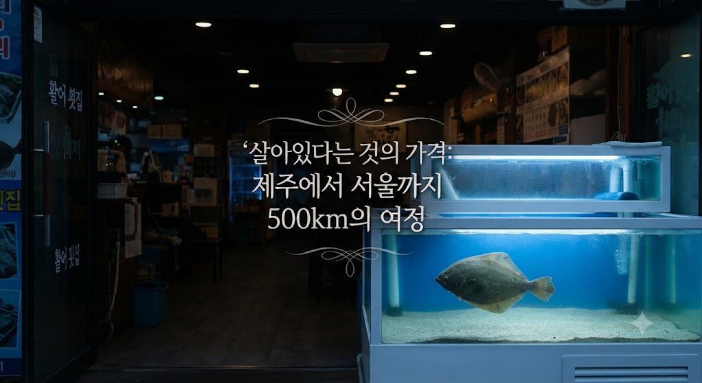 어두운 횟집 입구, 영롱한 파란색 조명이 비추는 대형 수족관 속에서 광어가 납작하게 붙어 유유히 헤엄치고 있습니다. 수족관 전면에는 "제주에서 서울까지, 500km를 살아서 건너오는 비용"이라는 문구가 명시되어 있어, 독자에게 '살아있는 유통'에 대한 호기심을 강렬하게 유발합니다.