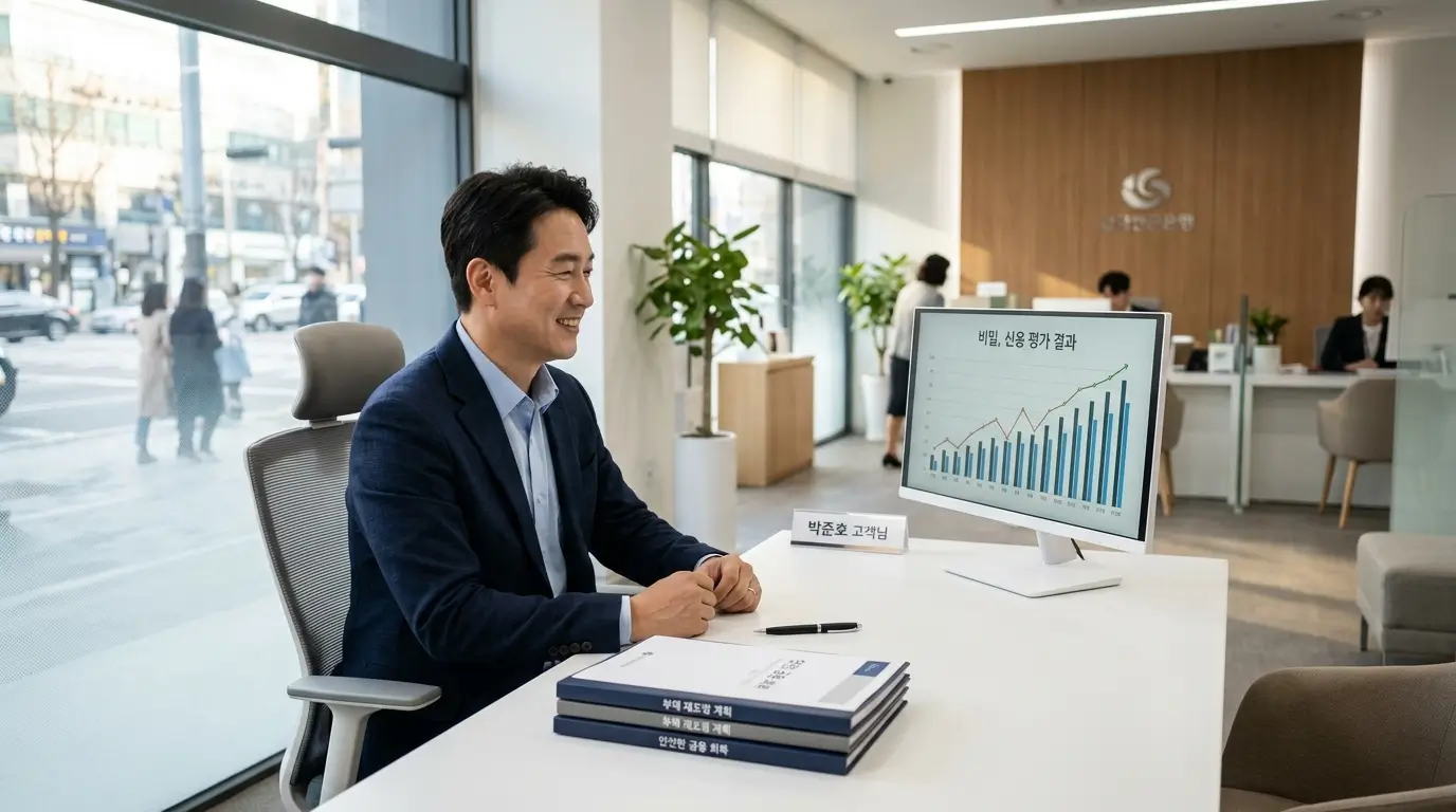 한국의 세련된 캐피탈 지사 사무실에서 직장인 채무 통합 전산망과 카드 소지자 대출 이율 우대 조건을 모니터로 대조하는 금융 풍경