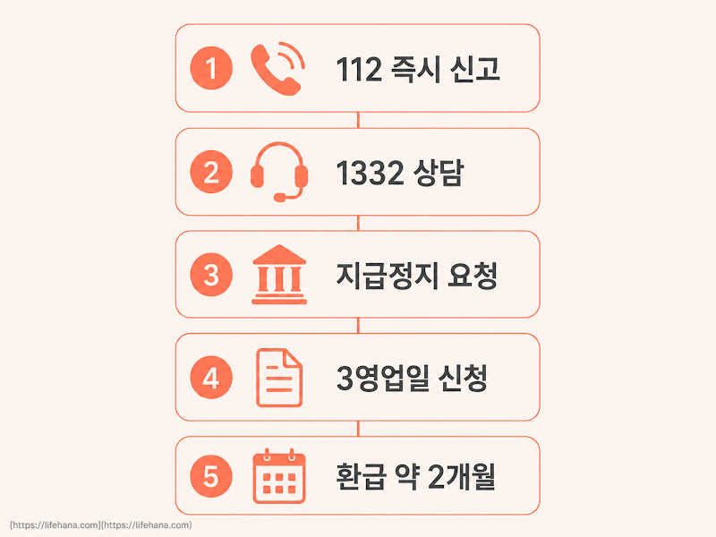 피해 발생 시 5단계 신고&middot;환급 절차 인포그래픽 &mdash; 112 신고, 1332 상담, 지급정지, 피해구제, 환급 대기